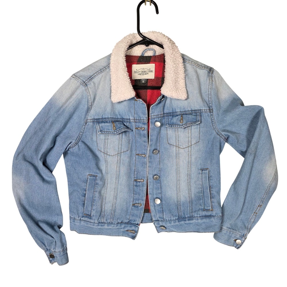 Ashley-Vintage Charm Denim Jacket Sherpa Collar Plaid Lined Women M Trucker Cozy